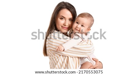 Portrait of happy mother with cute little baby on white background