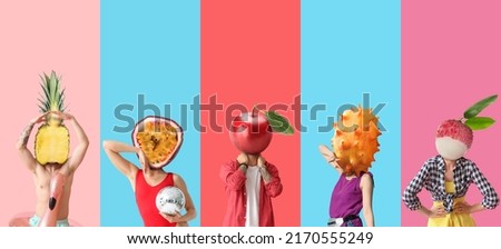 Set of people with fruits and berries instead of their heads on colorful background Royalty-Free Stock Photo #2170555249