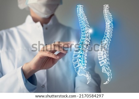 Female doctor touches virtual Spine in hand. Blurred photo, handrawn human organ, highlighted blue as symbol of recovery. Healthcare hospital service concept stock photo Royalty-Free Stock Photo #2170584297
