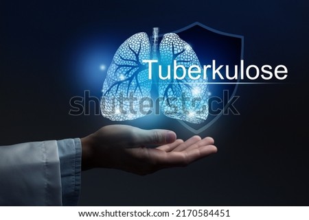 Medical banner Tuberculosis with german translation Tuberkulose on blue background with large copy space for text or checklist.