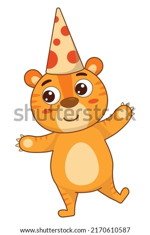 Cartoon adorable tiger in a red party hat. Baby vector illustration