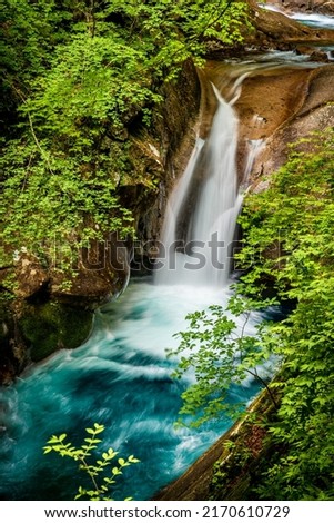 Beautiful Jungle waterfall in a tropical forest with rock and turquoise blue freshwater river. Summer season new leaves. Natural landscape background. Its name is Nishizawa Yamanashi, Tokyo, Japan Royalty-Free Stock Photo #2170610729