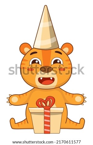 Cartoon charming tiger sits with gifts and in a festive cap. Baby vector illustration