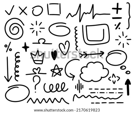Hand drawn design elements doodle style set. Arrows, brush strokes, highlighters, signs and symbols isolated black on white background. Simple sketch accents for text vector illustration Royalty-Free Stock Photo #2170619823