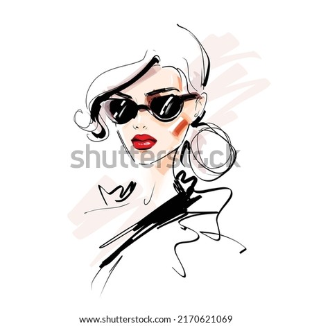 Beautiful woman face fashion illustration on white background for modern card design, print, beauty make up and cosmetics sale banners. Girl head vector watercolor drawing sketch.