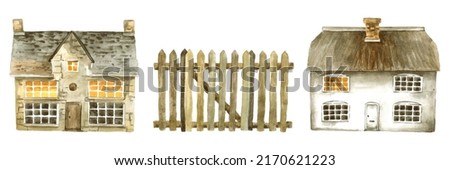 Watercolor old cottage, farmhouse and wooden fence collection of objects isolated on white background. Hand drawn village houses set of elements. Cozy countryside home clipart. Buildings illustration