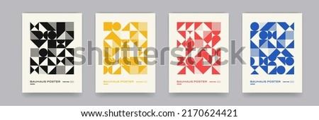 Bauhaus geometric pattern background, vector abstract circle, triangle and square lines art. Yellow, blue, red and green color, trendy Bauhaus pattern backgrounds set