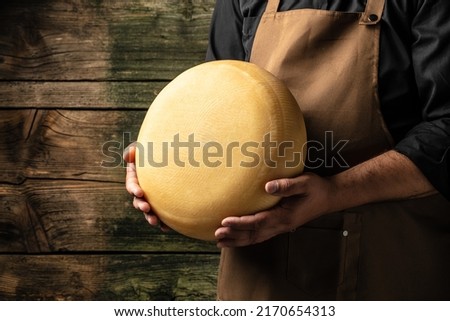 A head of hard cheese in man's cheesemaker hands. delicious dairy products. cheese maasdam with big holes. Royalty-Free Stock Photo #2170654313
