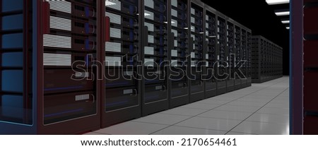 Large white room with servers in rack cabinets, computer security, server room with server towers, database, 3d illustration Royalty-Free Stock Photo #2170654461
