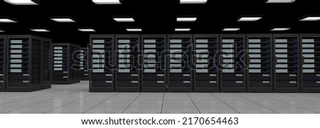 Large white room with servers in rack cabinets, computer security, server room with server towers, database, 3d illustration Royalty-Free Stock Photo #2170654463
