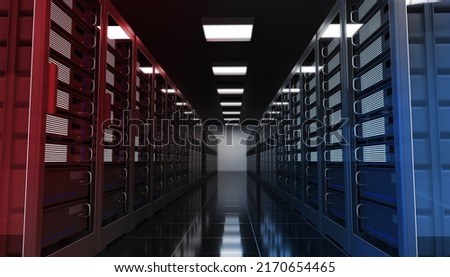 Internet data center room with server and network device in rack cabinet, cloud data storage, computer security, data center, black red and blue, 3d illustration Royalty-Free Stock Photo #2170654465