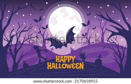 Happy Halloween illustration glowing night on treat or trick fantasy fun party celebration flying witch castle purple background design.