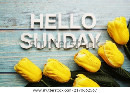 Hello Sunday alphabet with yellow tulip flower on wooden background