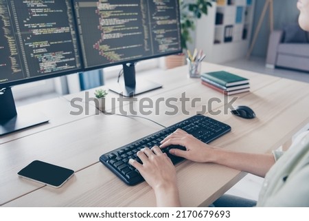 Cropped close-up photo of typing woman coding professional creative web-designer creative new social network remote in office