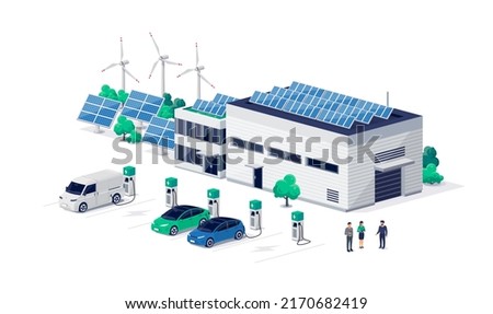 Company electric cars fleet charging on charger station at logistic hall centre. Transport delivery van and business vehicles recharging renewable solar wind electricity energy from factory building. Royalty-Free Stock Photo #2170682419