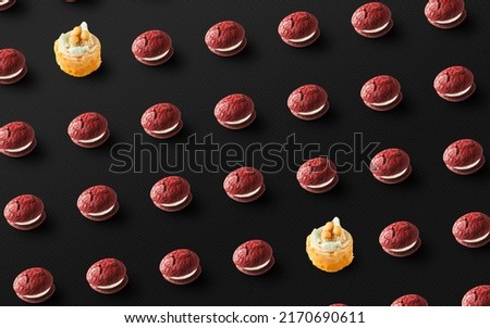 pattern with red cakes, many cakes, cakes on a black background, wupi pie