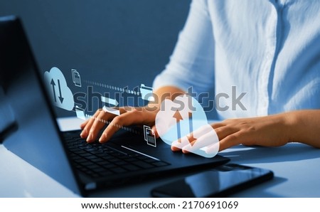 Exchange information and data with internet cloud technology.FTP(File Transfer Protocol) files receiver and computer backup copy. File sharing isometric. Digital system for transferring documents and  Royalty-Free Stock Photo #2170691069