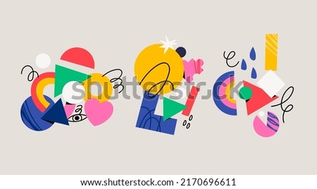 Various colorful shapes and doodle objects, geometric figures. Abstract contemporary modern trendy illustration. Hand drawn Vector set. Poster, logo, print templates