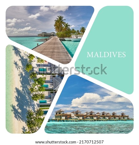 Travel photo collage concept. Tropical beach and water bungalows. Travel and tourism to luxury resorts in the Maldives islands