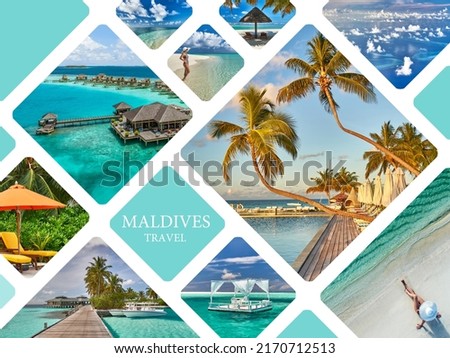 Travel concept photo collage. Tropical beach and water bungalows. Travel and tourism to luxury resorts in the Maldives islands Royalty-Free Stock Photo #2170712513