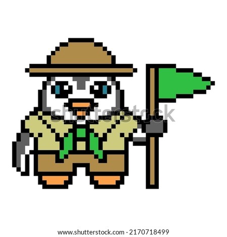 Penguin boy scout with a green flag, cute pixel art animal character isolated on white background. Old school retro 80s, 90s 8 bit slot machine, video game graphics. Cartoon camping tourism mascot.