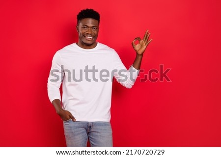 Portrait of positive man demonstrate okey symbol look camera isolated on red color background