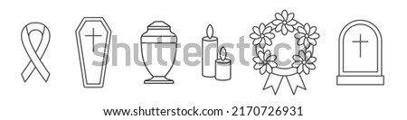 set of funeral line icons: mourning ribbon, coffin, urn, candles, wreath and grave- vector illustration Royalty-Free Stock Photo #2170726931