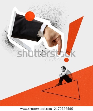 Contemporary art collage. Conceptual image. Businessman's hand sticking out laptop screen and pointing at desperate employee. Claiming at mistakes. Concept of business, control, pressure, emotions