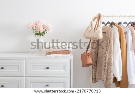 female clothes on hangers  in  white room