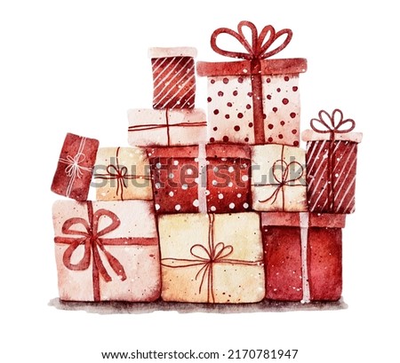 Watercolor present boxes pile isolated on white background. Festive clip art for design, print or Christmas invitations. Hand drawn illustration. 
