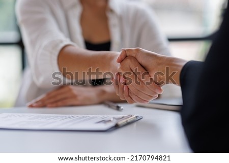 Business man offer and give hand for handshake in office. Successful job interview. Apply for loan in bank. Salesman, bank worker or lawyer shake for deal, agreement or sale. Increase of salary. Royalty-Free Stock Photo #2170794821