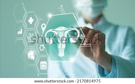 Telemedicine and human Uterus recovery concept. Turquoise color palette, copy space for text. Royalty-Free Stock Photo #2170814975