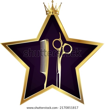 Scissors comb and gold star. Symbol for beauty salon and hair stylist
