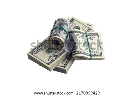 Bundle of US dollar bills isolated on white. Pack of american money with high resolution on perfect white background as object for design