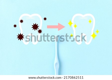 Toothbrush with dirty and cleaned tooth pictogram on light blue background Royalty-Free Stock Photo #2170862511