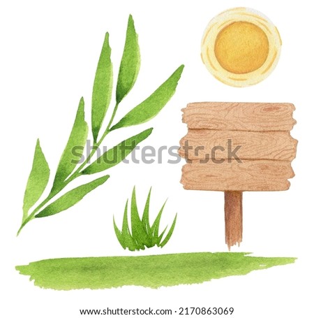 Watercolor wooden plate, leaf, sun, field
