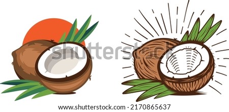 Vintage and Modern style Coconut. 
Half and full coconut fruit with sun rays. Hand drawing cocos Royalty-Free Stock Photo #2170865637