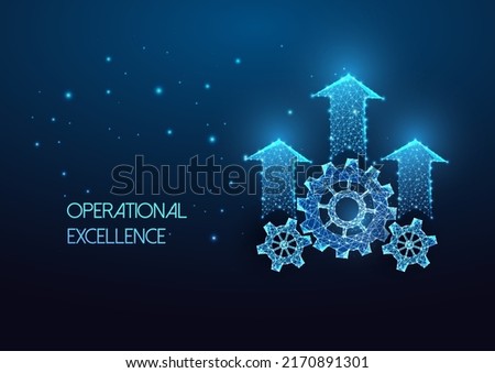 Concept of operational excellence with gears, cogwheels and up arrows in futuristic glowing style Royalty-Free Stock Photo #2170891301