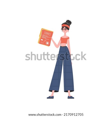 The woman is holding a contract in her hands. The character is depicted in full growth. Isolated on white background. Vector illustration in a flat style.