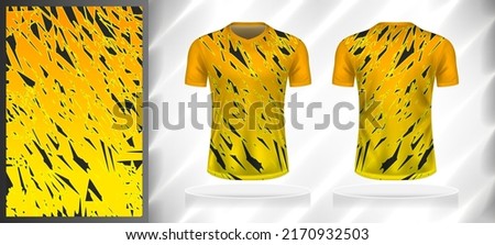 Vector sport pattern design template for V-neck T-shirt front and back with short sleeve view mockup. Black-grey-yellow-orange color gradient abstract texture background illustration.