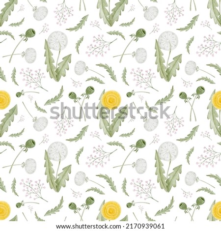 Dandelion flower watercolor seamless pattern. Cute pastel botanical hand drawn background.  Summer rustic wallpaper.