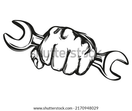 hand holding a wrench, tools icon cartoon hand drawn vector illustration sketch