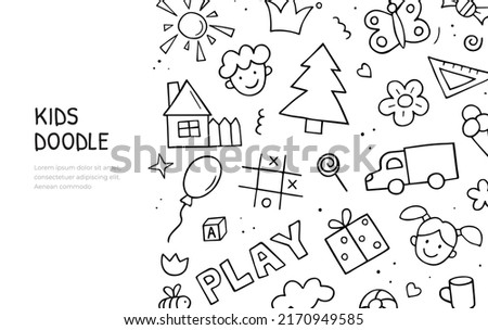 Set of children drawings. Hand drawn set of cute kids doodles. Vector black and white outline. Horizontal banner template.
