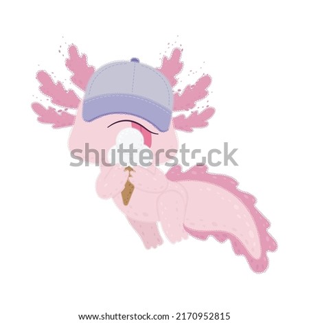 Clipart Axolotl in Cartoon Style. Cute Clip Art Axolotl with Ice Cream. Vector Illustration of an Animal for Stickers, Baby Shower Invitation, Prints for Clothes, Textile. 
