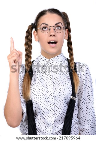 Young nerd woman crazy expression in glasses on white background