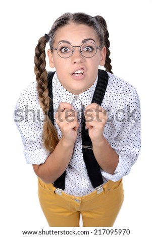 Young nerd woman crazy expression in glasses on white background