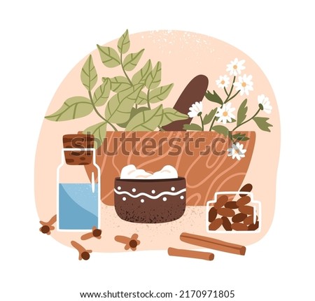 Aromatic herbal plants with healing leaf, flowers for homeopathy, naturopathy, alternative folk medicine. Organic natural remedies. Flat graphic vector illustration isolated on white background Royalty-Free Stock Photo #2170971805