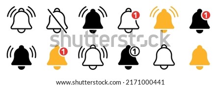 Notification bell icon set. Incoming inbox message. New message notofication icons collection. Ringing bell and notification for clock and smartphone, alarm alert. Vector Illustration Royalty-Free Stock Photo #2171000441