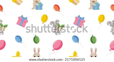 Vector seamless pattern with funny happy birthday animals on a white background. Vector illustration for drawings, prints and patterns. Hares (rabbits, bunny) with gifts and different balls.