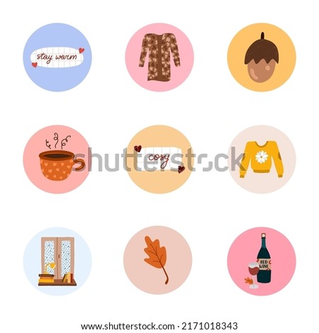 Cozy and cute highlights for different social media, bloggers, companies, brands with hygge autumn clip arts of seasonal clothes, food and drinks, decor. Vector hand drawn clip arts in pastel colors.